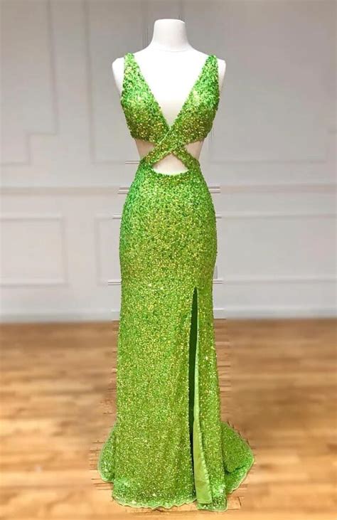 Mermaid Sequins V Neck Slit Long Prom Dress On Luulla