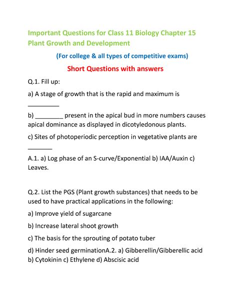 Important Questions for Class 11 Biology Chapter 15 Plant Growth and