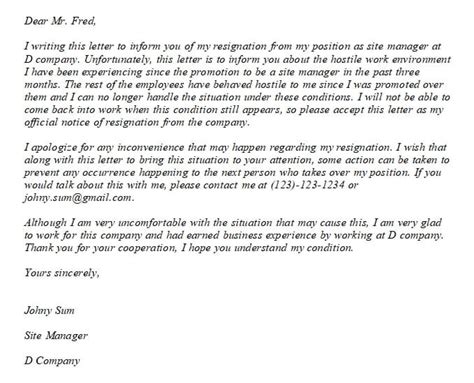 Editable Resignation Letter Due To Work Hostile Environment And Its Example Room