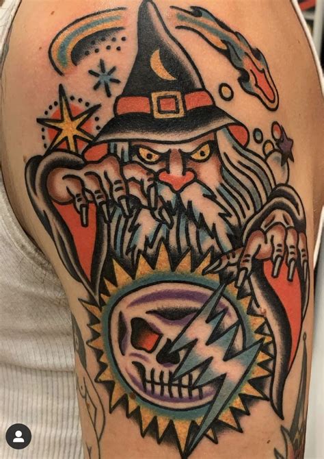 Traditional Tattoo Sleeve With Wizard And Skull