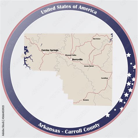 Round button with detailed map of Carroll County in Arkansas, USA ...