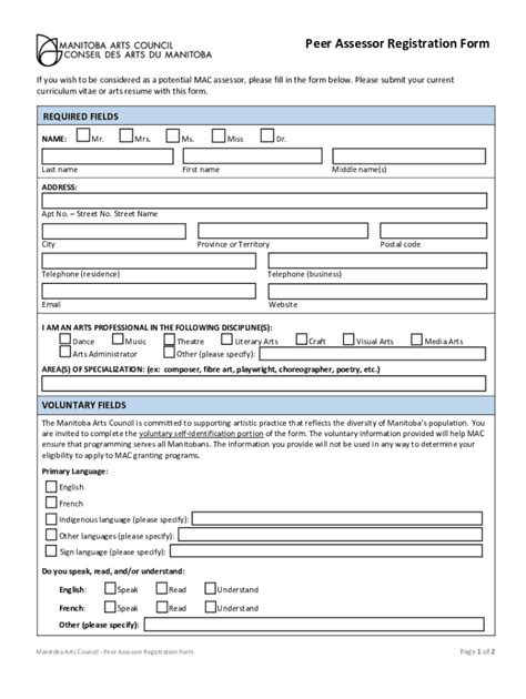 Fillable Online Artscouncil Mb Peer Assessor Registration Form Fax Email Print Pdffiller