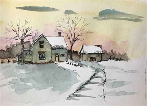 Winter Farm Line And Wash Painting Watercolor Art