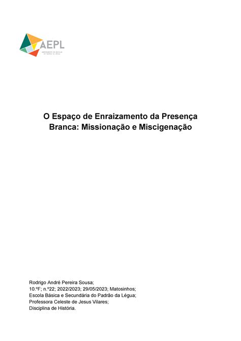 Trabalho Hist Ria Rodrigo Sousa F O Espa O De Enraizamento Da