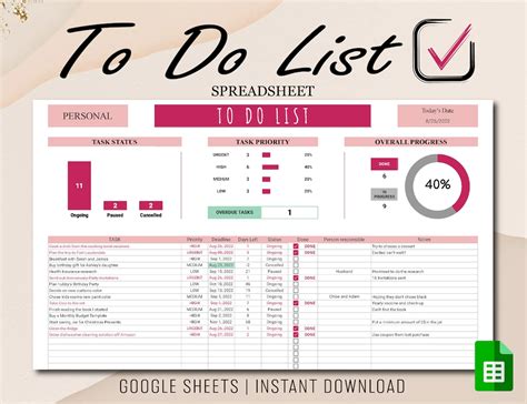 To Do List Template To Do List Google Sheets Spreadsheet Etsy Canada