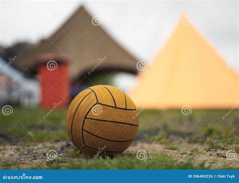 Close Up Of A Volleyball Ball On The Grass Stock Photo Image Of
