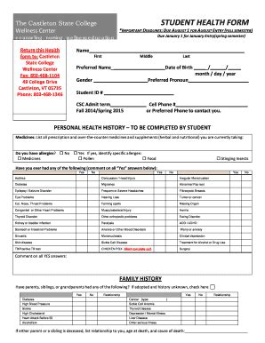 Fillable Online Castleton Student Health Form Castleton State