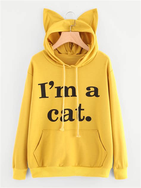 Slogan Print Cat Ear Hoodie Sheinsheinside