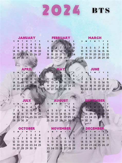 BTS Printable Calendar 2024 Bts Calendar PNG Bts Printable Etsy New