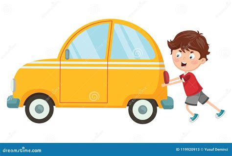 Vector Illustration of Kid Pushing Car Stock Vector - Illustration of automobile, drive: 119920913