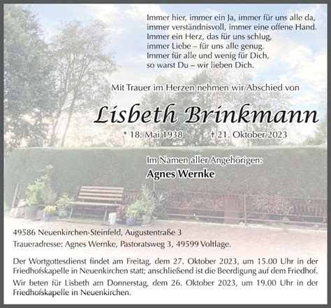 Traueranzeigen Von Lisbeth Brinkmann Noz Trauerportal