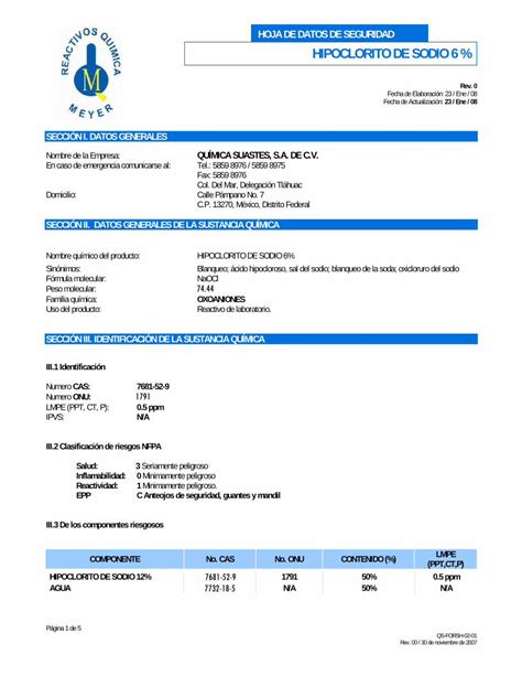 PDF HOJA DE DATOS DE SEGURIDAD HIPOCLORITO DE SODIO Reactivosmeyer