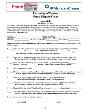 Fillable Online Udayton Pcard Dispute Form University Of Dayton Fax