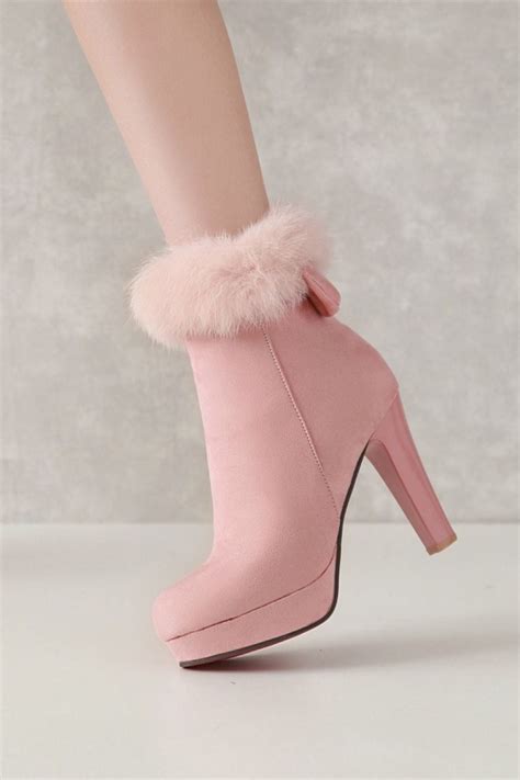 Womens Pink Fur Trim Ankle Boots Just Pink About It High Heel