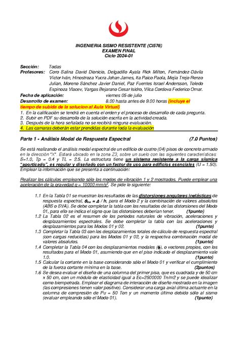 EXAMEN FINAL PREGUNTA 1 INGENIERIA SISMO RESISTENTE CI 576 EXAMEN