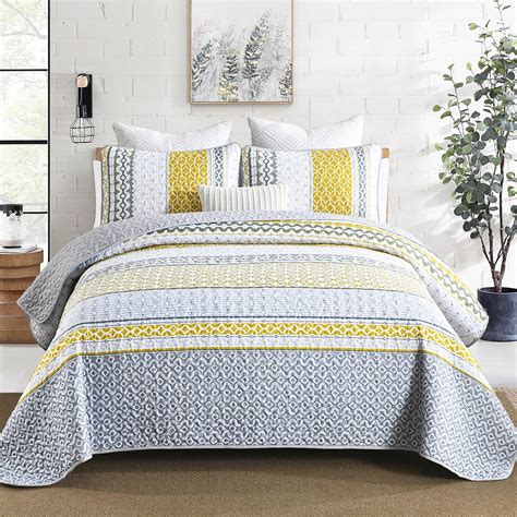 Amazon Djy Yellow Quilt Set Queen Size Boho Yellow Grey Striped