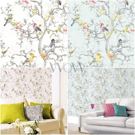 HOLDEN ORNITHOLOGY BIRDS WALLPAPER METALLIC SILVER BRANCHES FLOWERS