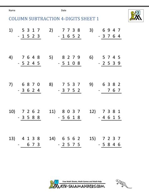 4 Digit Subtraction Worksheets