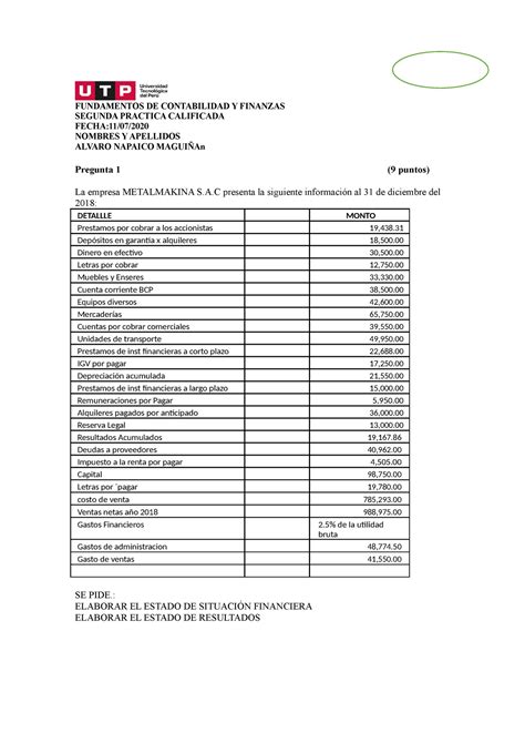 Da Practica Calificada De Fundamentos De Contabilidad Y Finanzas