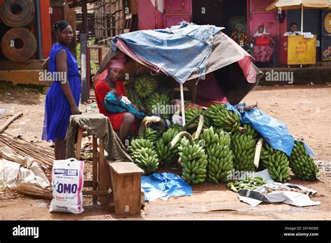 Two Ugandan Women Gracefully Vend Bananas At A Roadside Market Stall