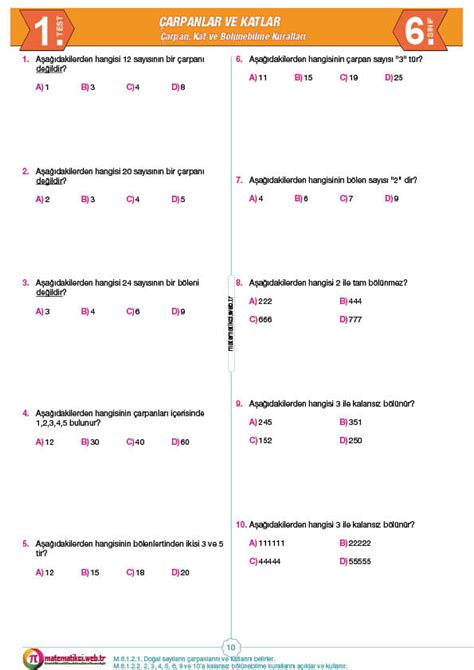 6 Sınıf Çarpan ve Kat Kavramı ve Bölünebilme Kuralları Testi İndir