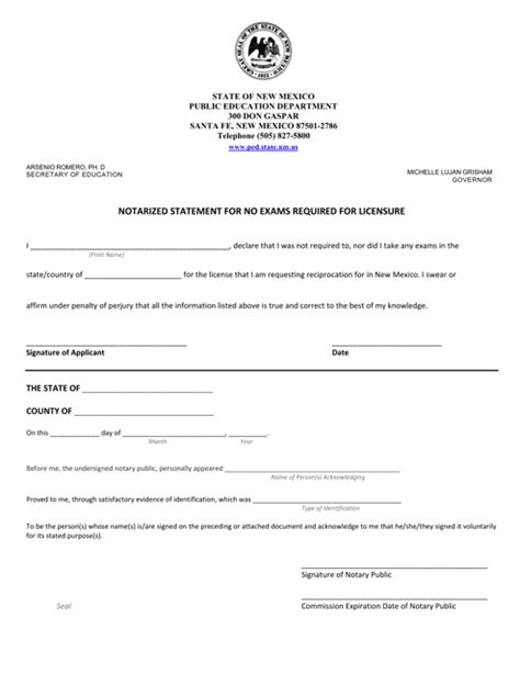 New Mexico Notarized Statement For No Exams Required For Licensure