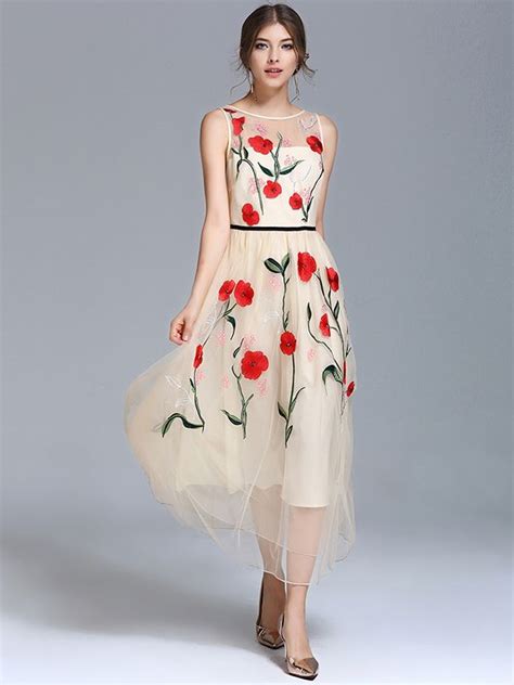 Apricot Sleeveless Embroidered Floral Swing Maxi Dress Fashion In