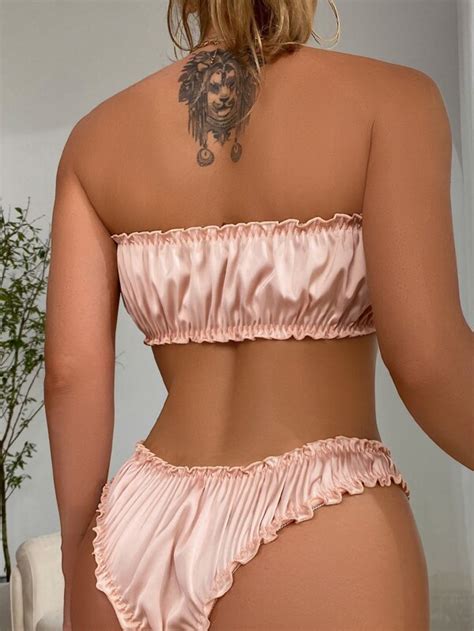 Ruched Frill Trim Bandeau Lingerie Set Shein Usa