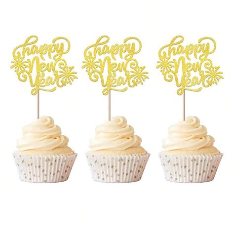 Pcs Happy New Year Cupcake Toppers Gold Glitter Fireworks Hello