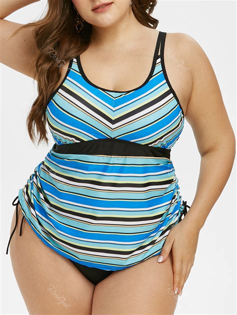 Plus Size Cinched Stripe Tankini Swimwear 53 OFF Rosegal