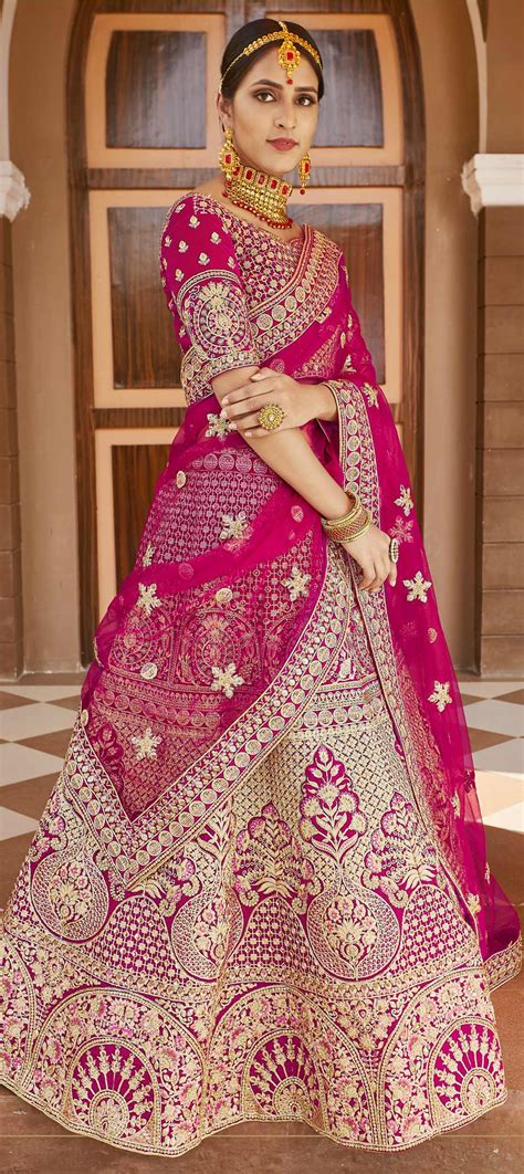 Bridal Wedding Pink And Majenta Color Velvet Fabric Lehenga