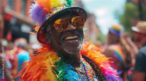 Happy Elderly Gay Black Man At Pride Parade Senior African American Queer Man In Fluffy Feather