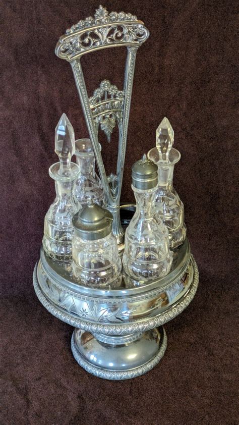 Antique Silver Plate Castor Cruet Set Racine Silver Co With Bottles