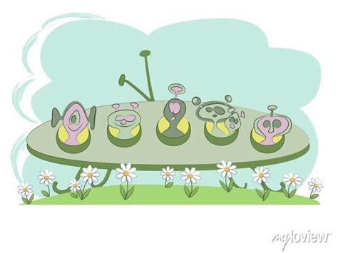 Funny Alien Spaceship Landing On The Grass Vector Cartoon Illustration Posters For The Wall