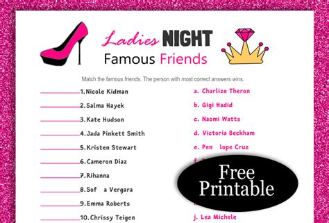 Free Printable Famous Friends Match Up Game For Ladies Night