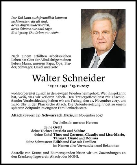 Todesanzeigen Von Walter Schneider Todesanzeigen Vorarlberger Nachrichten