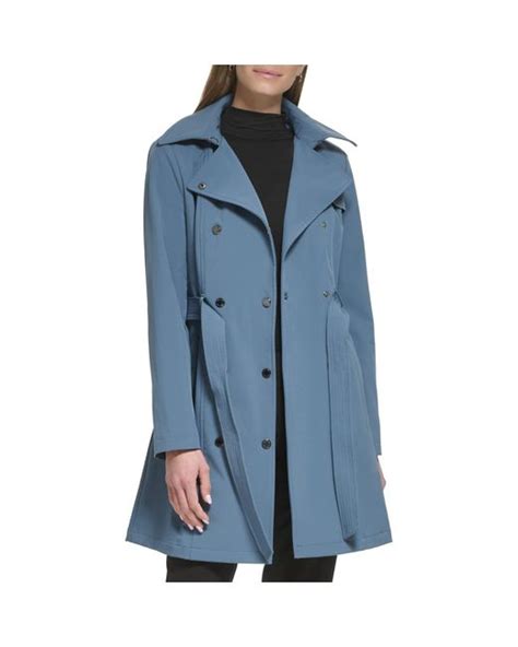 Calvin Klein Double Breasted Belted Rain Jacket With Removable Hood In Blue Lyst