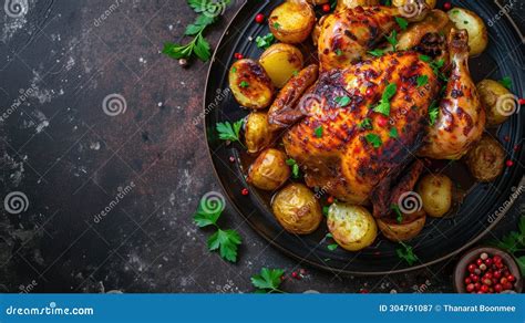 Spicy Whole Roasted Chicken With Potatoes Presented On A Plate Dark