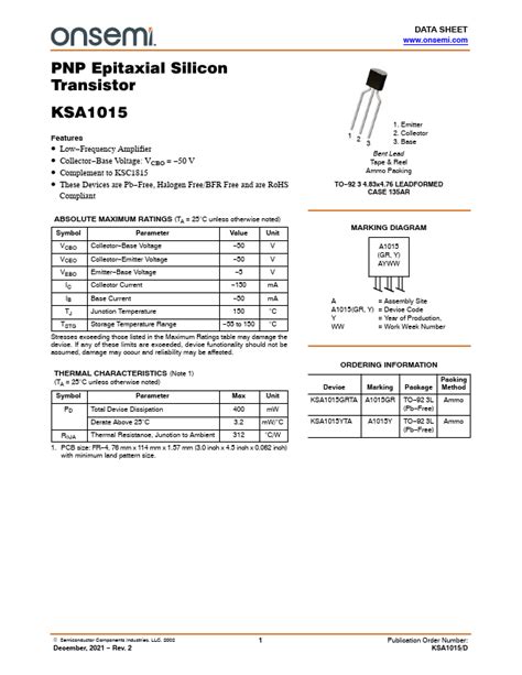 A1015 Datasheet Transistor Equivalent On Semiconductor