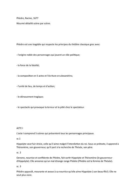 Phedre jean racine sommaire Phèdre Racine 1677 Résumé détaillé