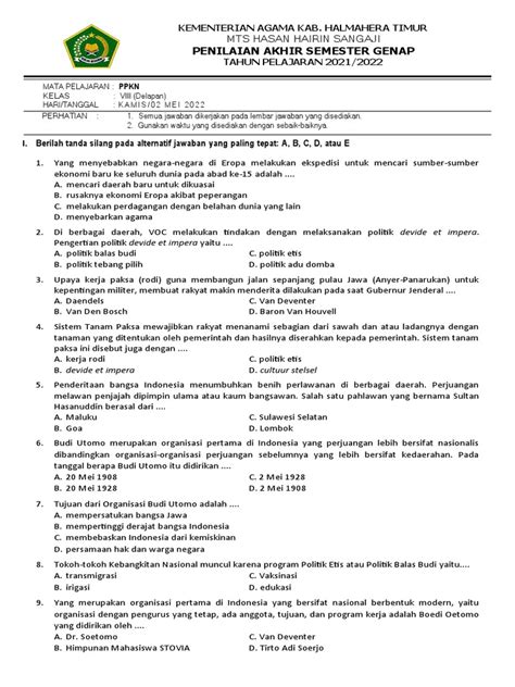 Soal Pat Pkn 2021 2022 Kelas 8 Pdf