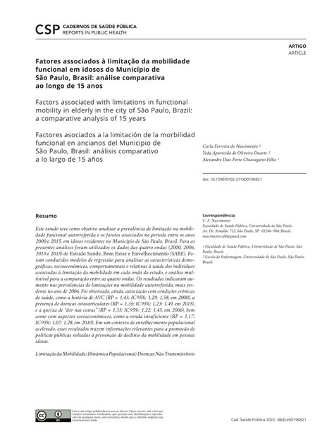 Pdf Fatores Associados à Limitação Da Mobilidade Funcional Em Idosos