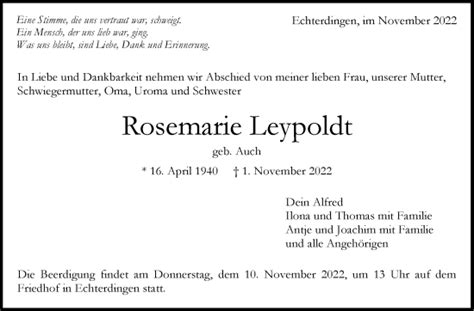 Traueranzeigen Von Rosemarie Leypoldt Stuttgart Gedenkt De