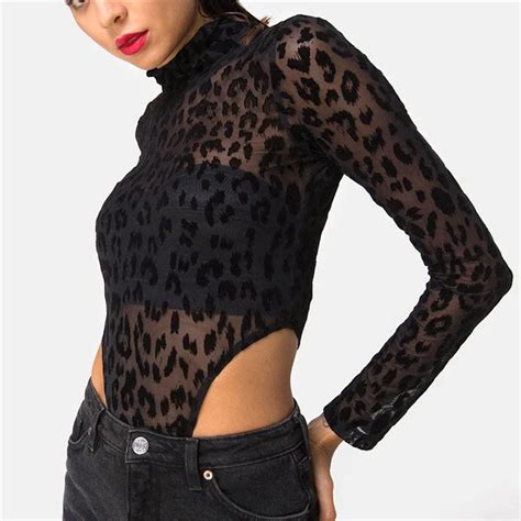 Women Black Leopard Printed Mesh Bodysuits Turtle Neck Skinny Bodysuits