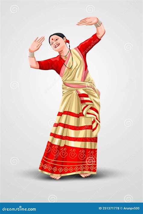 Bihu Indian Traditional Dress of Assam with Cultural Bihu Dance by Assamese Girl. Vector ...