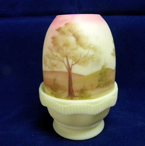 Fenton Fairy Lamp Hand Painted Forest On Custard Glass Signed