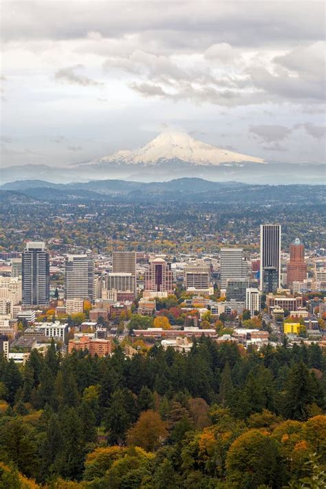 Portland Cityscape And Mount Hood In Fall Stock Photo Image Of