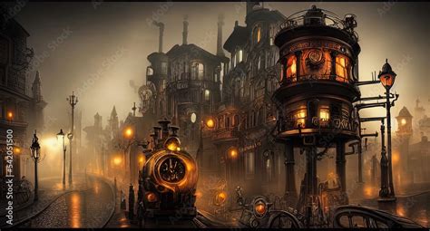 illustration of a steampunk cityscape, illuminated buildings, misty ...