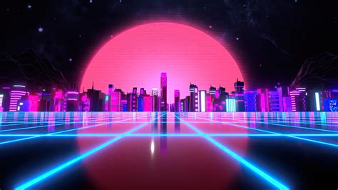 Neon Nightfall Over Retro Cityscape Backiee