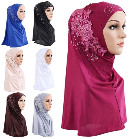 Dengjunhu Women One Piece Muslim Hijab Lace Applique Head Wrap Scarf